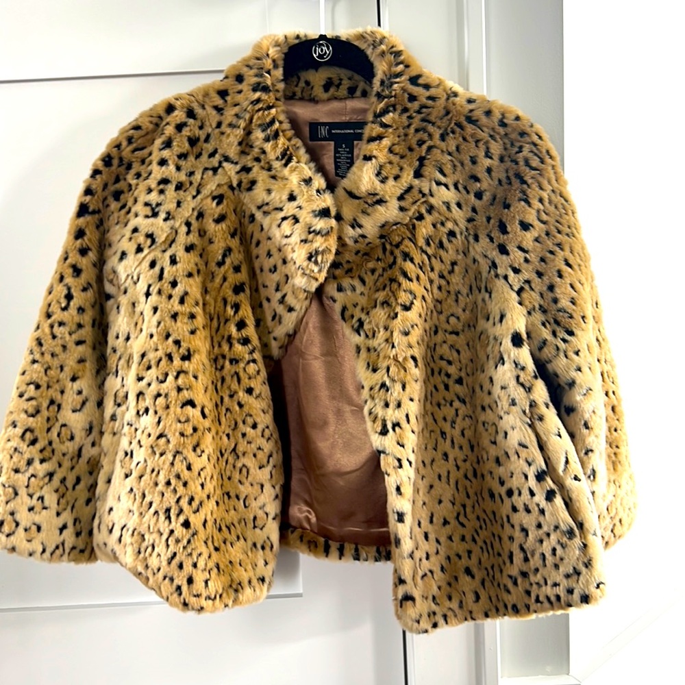 INC faux fur leopard print coat, size small